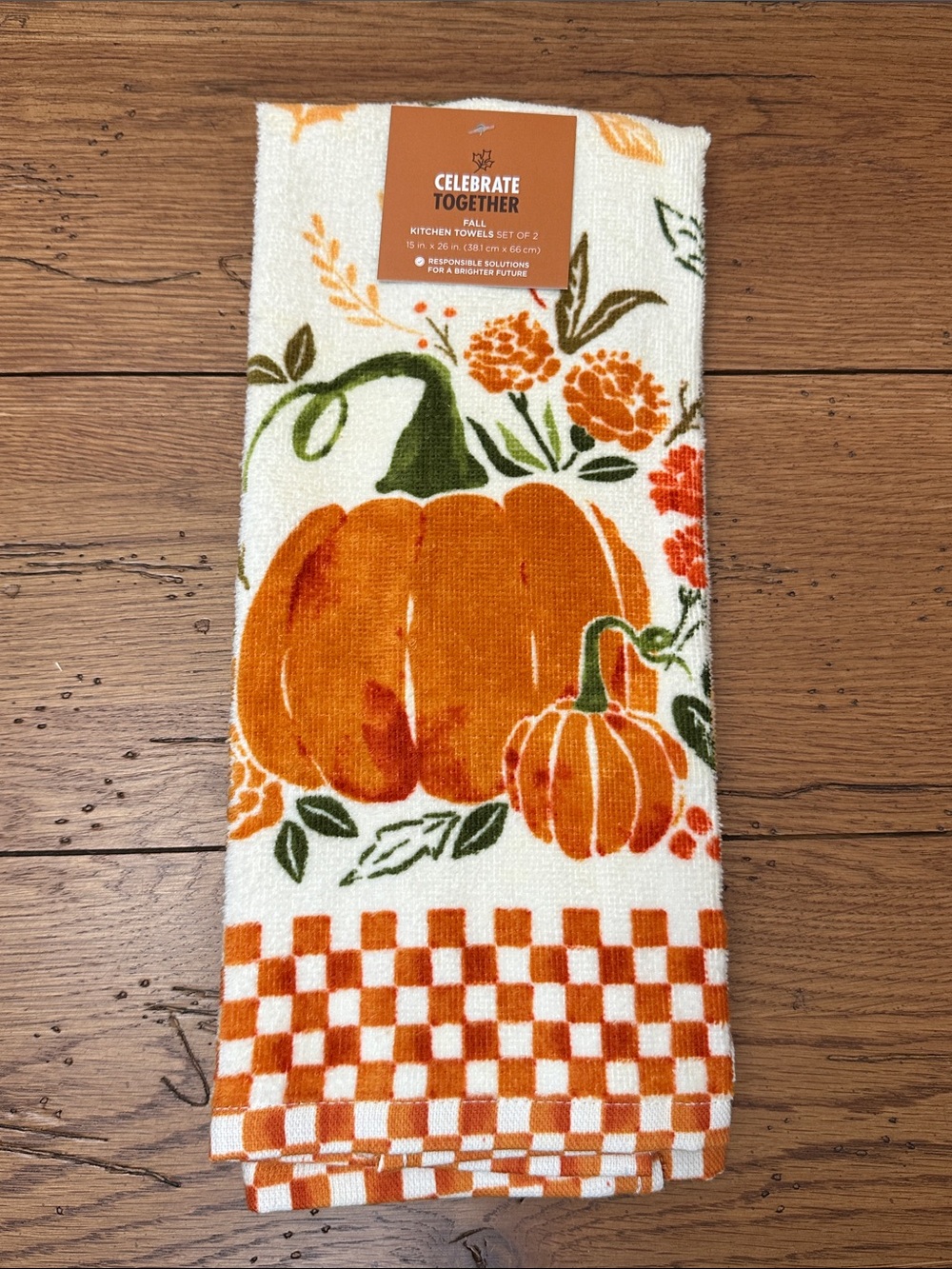 Celebrate Together Fall Pumpkin Kitchen Towels - Orange/Green - Set of 2